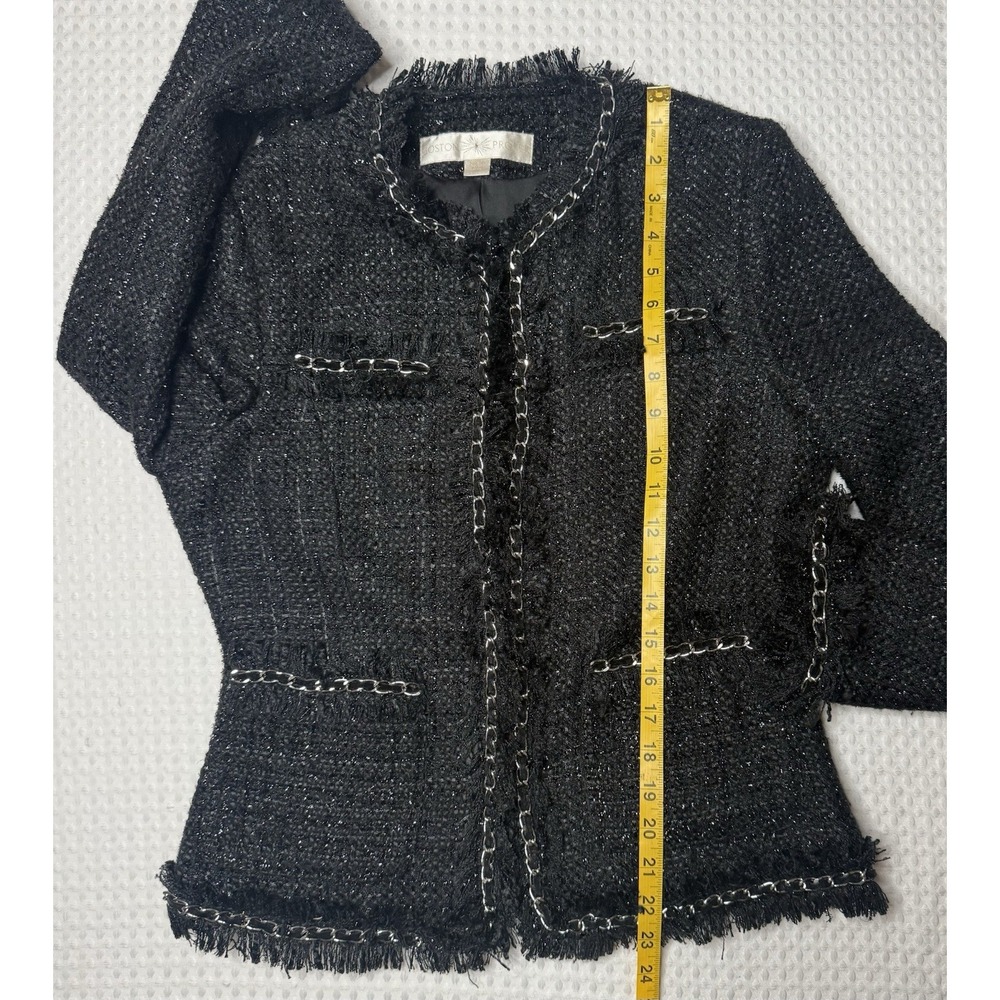 Boston Proper Parisian Shimmer Tweed Jacket SZ 10 Blazer Black Silver Chain Wool - Picture 9 of 10